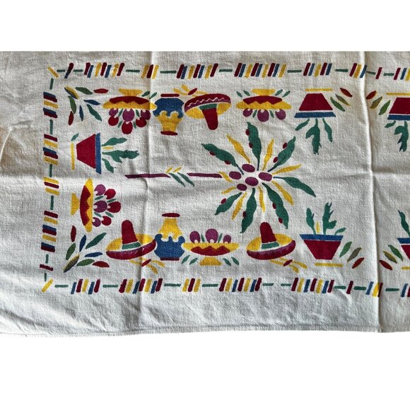 Mexican Table Runner 42X16.5 Nubby White Cotton w/ Red Green Yellow Blue VTG MCM - Picture 5 of 10